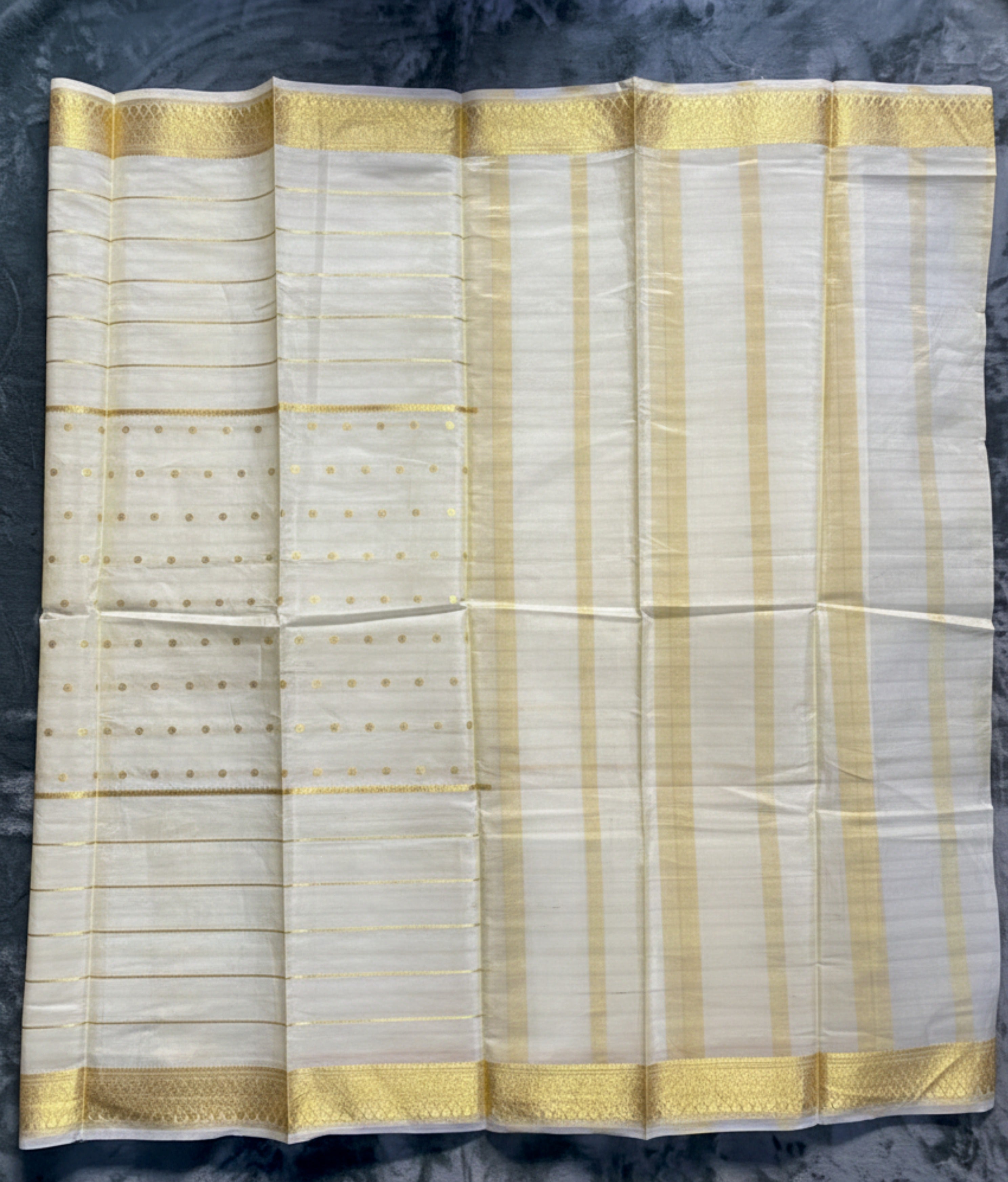 Exquisite Pure Bengaluru Silk Crepe Saree with Gold Border | Polka Dots and Stripes