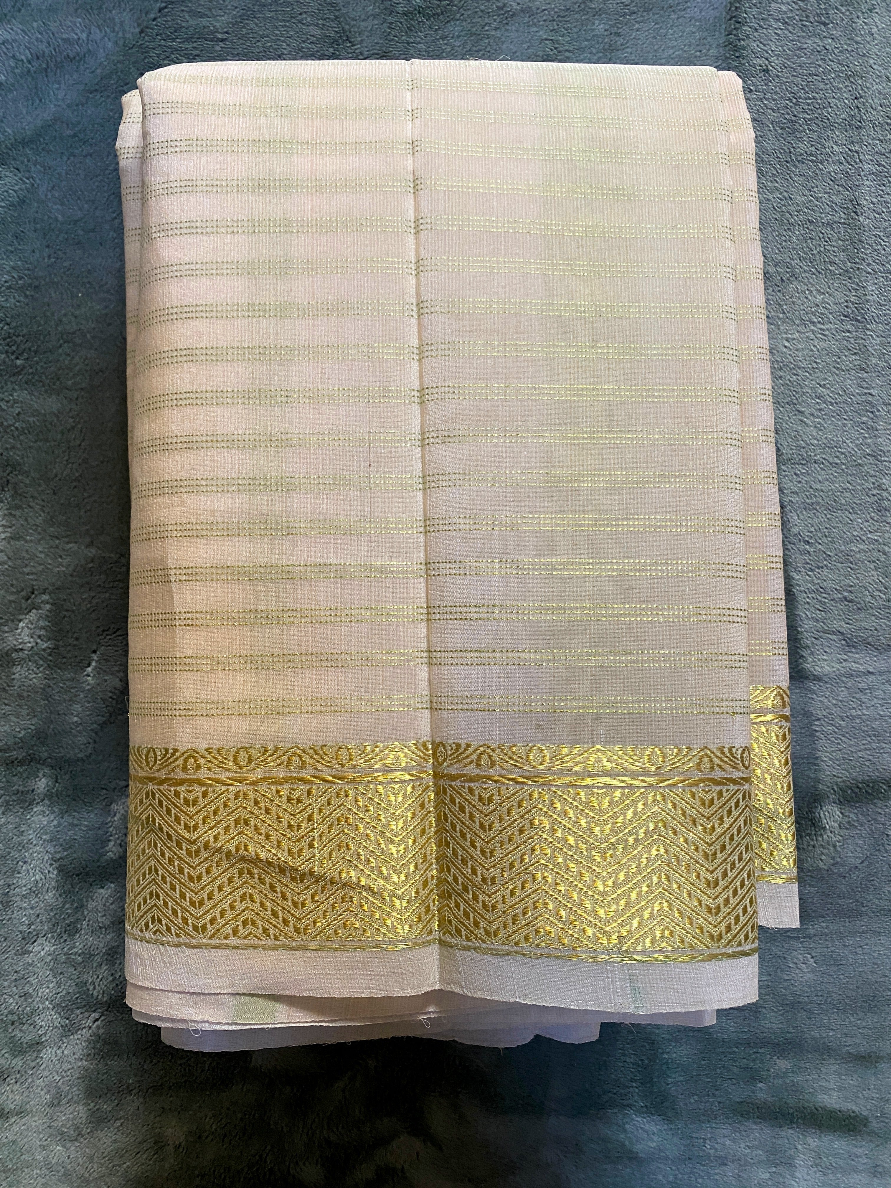 Exquisite Pure Bengaluru Silk Crepe Saree with Gold Zari Border | Three Line Stripes