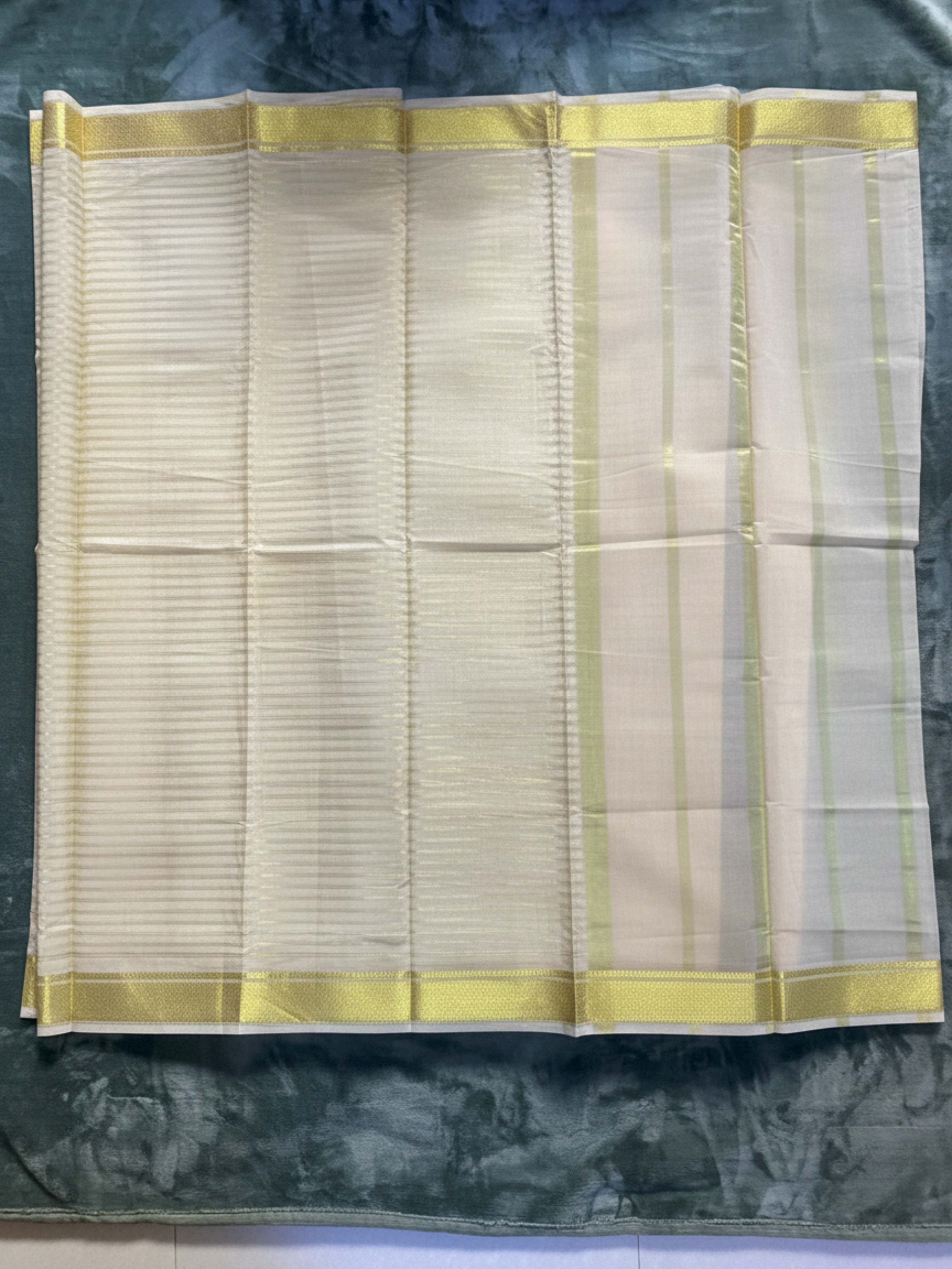 Exquisite Pure Bengaluru Silk Crepe Saree with Gold Zari Border | Three Line Stripes