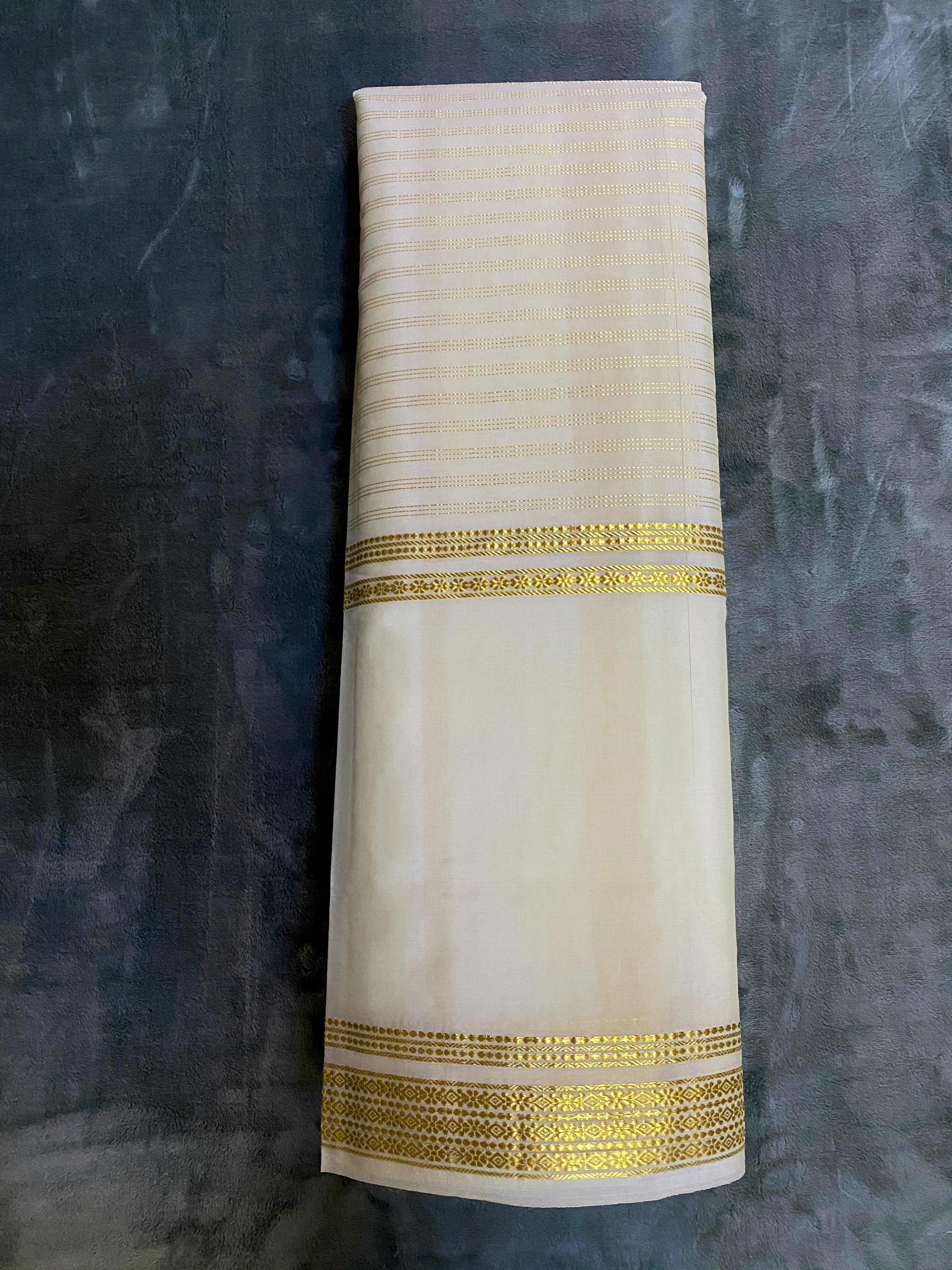 Exquisite Pure Bengaluru Silk Crepe Saree with Golden Zari Bentex Border | Stripes