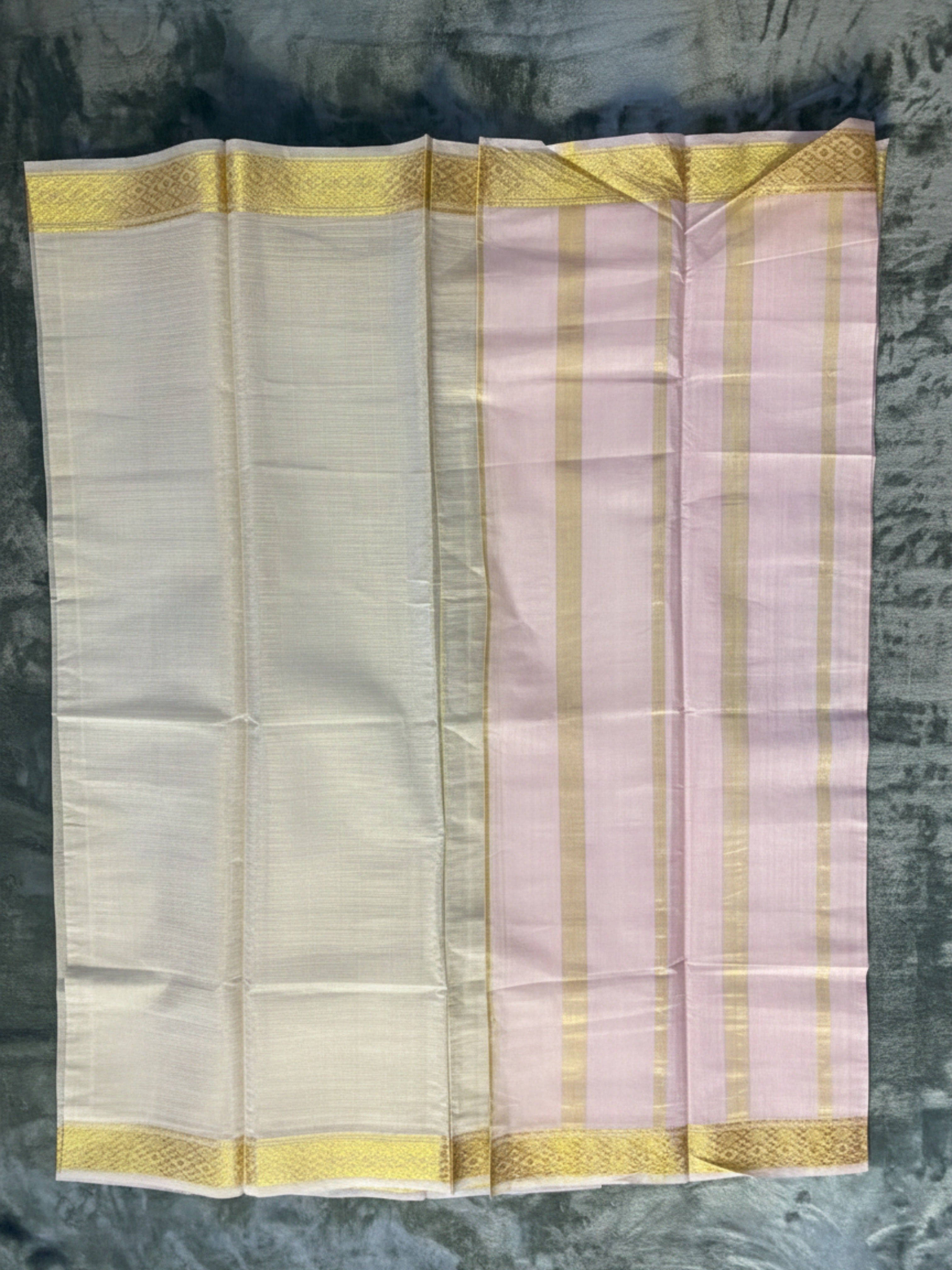 Exquisite Pure Bengaluru Silk Crepe Saree with Golden Zari Border | All Ova Stripes